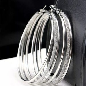 Large Stylish Crystal Round Hoop Earrings - silver